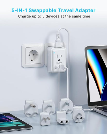 VINTAR Universal Travel Adapter Kit, 3ft Detachable Extension Cord with 2 AC Outlets & 3 USB(2 USB C), Type A/C/G/D/I/M International Power Adaptor for US to Europe UK India South Africa Japan