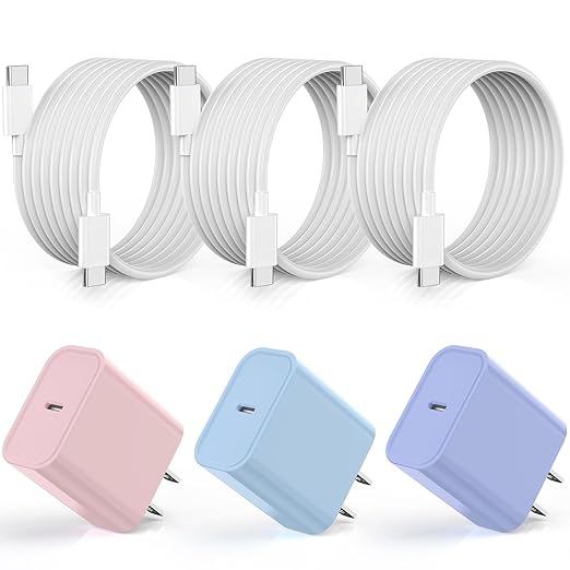 [3Pack]20W USB C Fast Charger iPhone 17 16 Fast Charging, Apple 17 Charger Block 6ft C to C Long Charging Cable Cord for iPhone 17/16e/16 Pro/16 Pro Max/iPhone 15 Series/iPadAir/Mini(Pink+Blue+Purple)
