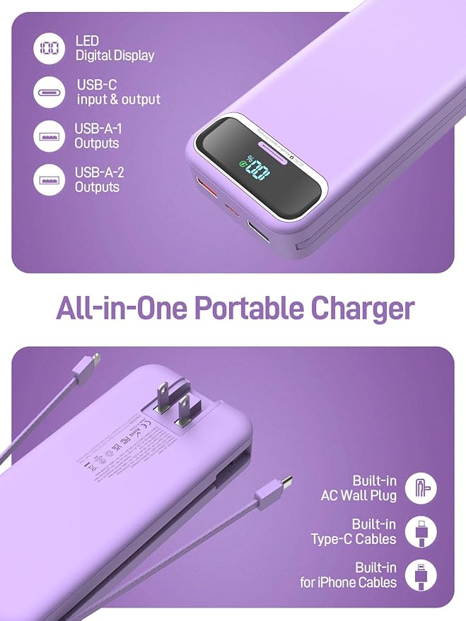 Portable Charger Power Bank with Built in Cables and AC Wall Plug, PD20W & SCP22.5W USB-C Super Fast Charging, 20000mAh Travel Phone Charging, LED Display Battery Pack Compatible All iPhone etc