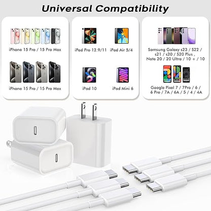 Fast USB C Charger Block,3Pack Long 6FT USBC to USBC Cable iPad Cord 20W iPhone 17 Pro Max Charger Travel Plug Fast Charging for iPhone 17/17 Air/17 Pro/16/16e/16 Pro/16Plus/15/15Pro/Pro Max/Plus,iPad