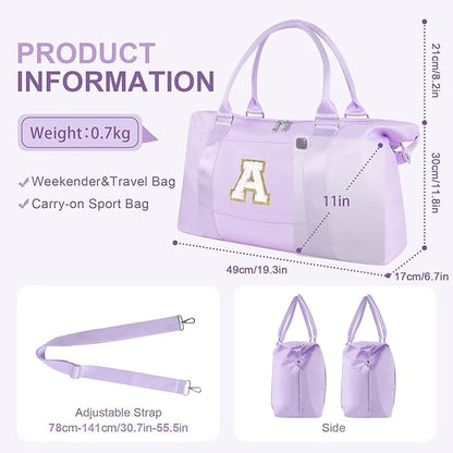 Dance Gym Duffel Bag for Teen Girls, Personalized Initial Travel Weekender Bag,Cute Overnight Carry On Duffle for Women,Sports Travel Cheer Bag,Monogram Christmas Gifts for Tween Preppy(purple-A)