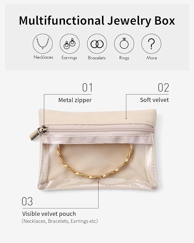 Vlando Velvet Jewelry Pouch with Zipper - Clear Travel Jewelry Bag Organizer for Business Trips & Gifts