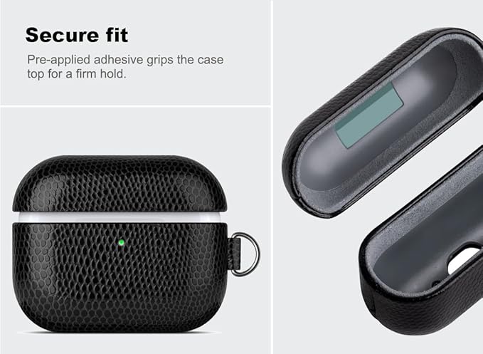 Handmade Case - for AirPods Pro 3 Case Cover with Carabiner - Selected Vegan Leather, Lizard Skin Texture, Drop Protection Hard Shell Cover for AirPods Pro 3rd Generation Earbuds - Black