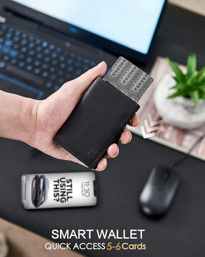 Mens Wallet Card Holder for AirTag, Leather Smart Wallet for Men, Airtag Wallet Pop Up Wallet, RFID Blocking, Slim, Carbon Fiber, Minimalist - 10-14 Card Capacity | ID Window | Cash Slot (Black)