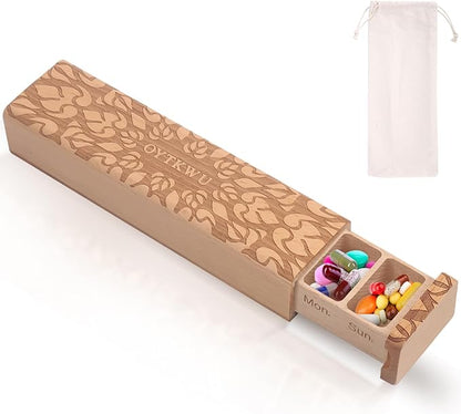 Wooden Weekly Pill Organizer 1 time a Day -Daily Pill Box, Travel-Friendly, Safe Travel 7 Day Pill Organizer, Perfect for Tracking Weekly Medication Pill Case (Beech)