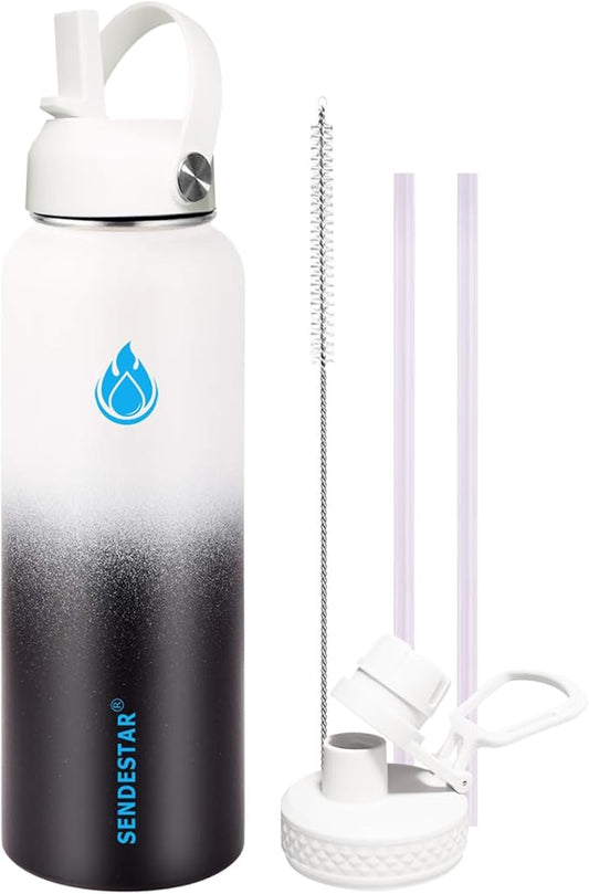 SENDESTAR Water Bottle 32oz Double Wall Vacuum Insulated Leak Proof Stainless Steel Sports Water Bottle—Wide Mouth with New Flex Straw Lid & Spout Lid (Day&Night)