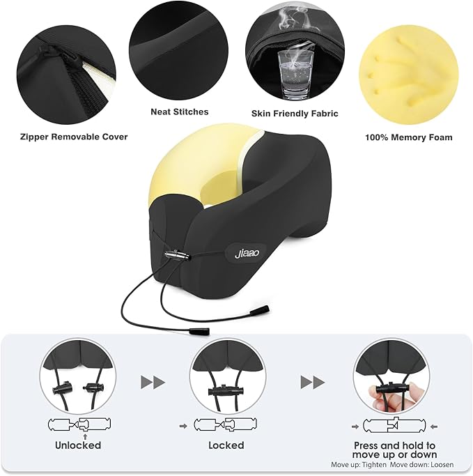 jiaao Neck Pillow Airplane, 2025 Upgraded Memory Foam Travel Pillow for International Flights, Adjustable Clasp, Storage Bag, Advanced Neck Support for Road Trips, Home, Office, and Gaming