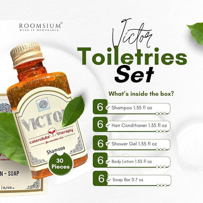 Victor 30-Piece Toiletries Set – Vacation Rental Essentials – Mini Soaps & Travel Size Soap Bars – Bulk Shampoo, Conditioner, Shower Gel & Lotion – Mini Soap Bars Bulk Hotel Toiletries Pack