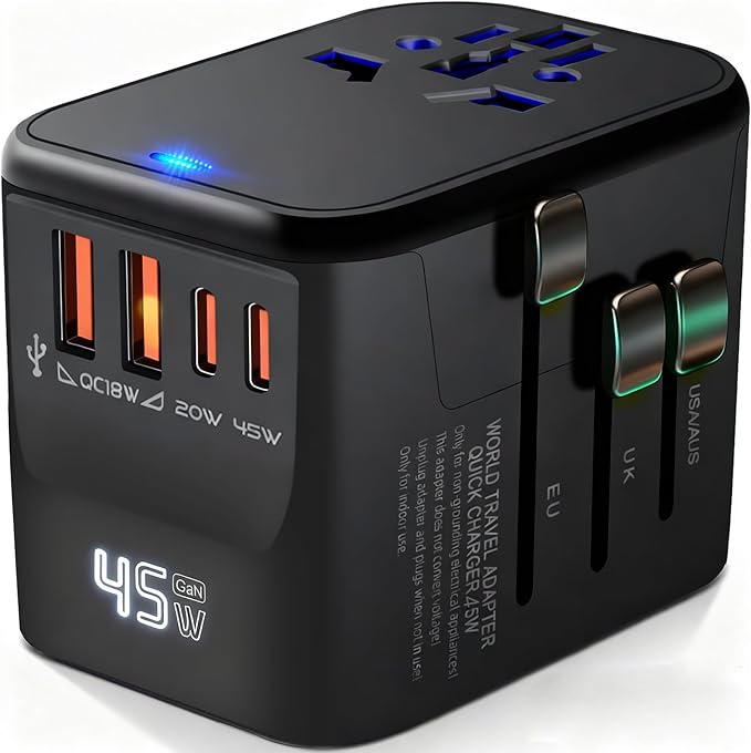GaN 45W Universal Travel Adapter, International Power Adapter with 5-Port PD Fast Charging (2 USB-C, 2 USB-A, 1 AC) - 100V-240V Travel Adapter Worldwide Plug for US EU UK AUS Asia (Type A/C/G/I)