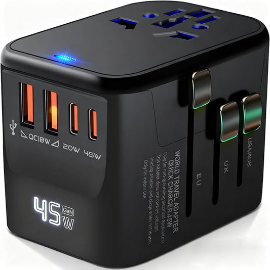 GaN 45W Universal Travel Adapter, International Power Adapter with 5-Port PD Fast Charging (2 USB-C, 2 USB-A, 1 AC) - 100V-240V Travel Adapter Worldwide Plug for US EU UK AUS Asia (Type A/C/G/I)