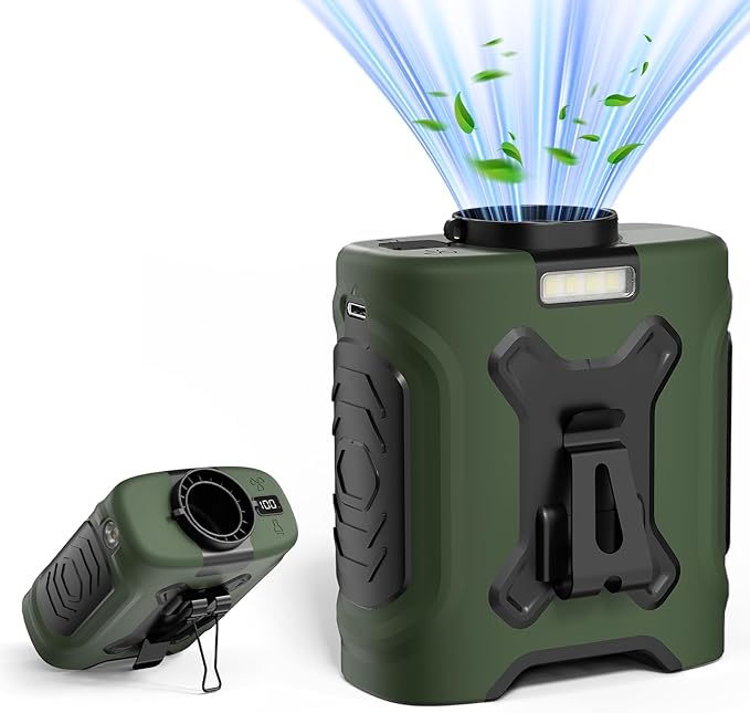 Portable Waist Fan 10000mAh Portable Waist Fan 18000RPM Neck Fan With Max 12H Working Time 5 Speeds adjustment with LED flashlight and Charging display Cooling for Outdoor Jobsite and etc(Green)