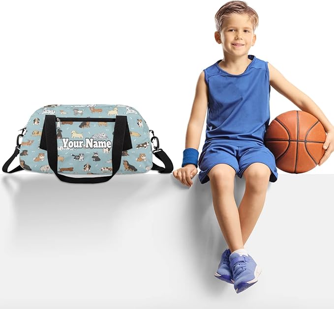 Custom Your Name Bones Dog Animal Pattern Personalized Text Gym Duffle Bag for Kids,Sports Bag for Teens Boys & Girls Small Waterproof Overnight Weekender Carry School Practice Travel Bag