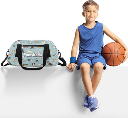 Custom Your Name Bones Dog Animal Pattern Personalized Text Gym Duffle Bag for Kids,Sports Bag for Teens Boys & Girls Small Waterproof Overnight Weekender Carry School Practice Travel Bag