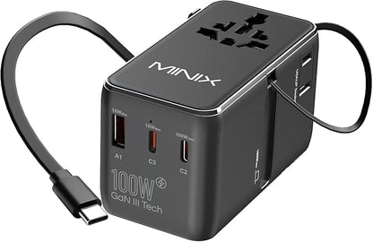 MINIX 100W Universal Travel Adapter with Retractable USB C Cable,GaN III International Power Adapter, Type-C*3 USB-A*1 Ports, AC Outlet, Worldwide Travel Charger for Laptops Tablets Phones Cameras