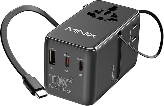 MINIX 100W Universal Travel Adapter with Retractable USB C Cable,GaN III International Power Adapter, Type-C*3 USB-A*1 Ports, AC Outlet, Worldwide Travel Charger for Laptops Tablets Phones Cameras