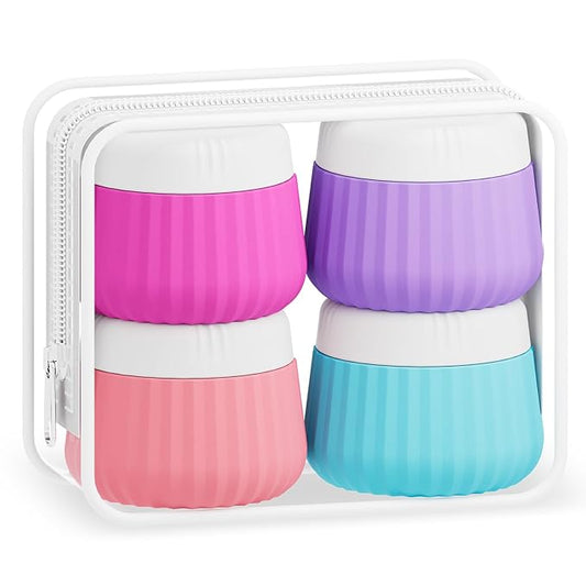 4 Pack Travel Size Silicone Jars, TSA Approved, Leak Proof, Bright Colors, 90ml Each, Cylindrical, With Clear Bag