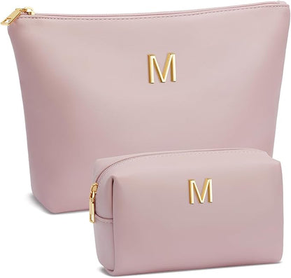 Women Gifts | Initial Makeup Bag Set for Girl Personalized Gifts for Bridesmaid Friend Graduation Teachers PU Leather Cosmetic Travel Toiletry Bag(Pink,M)