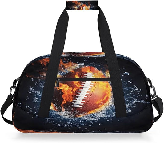 Kids Duffle Bag Girls Boys Sports Fire And Water Football Weekender Overnight Bag,Lightweight Duffel Bags for Traveling Gym Sport Dance