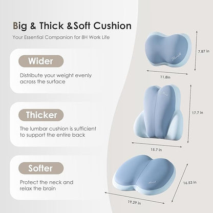 FLORICH 3 PCS Seat Cushion for Carseat Lumbar Support Pillow Car Neck Headrest Pillows Ultrathick Memory Foam Seat Pads Pressure Relief Back Cushion for Office Chair(Blue)