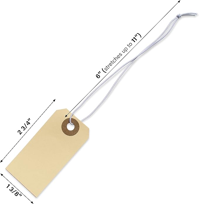Paper Tags with Strings Attached Elastic- #1, 2 3/4” x 1 3/8”, Box of 500 Manila Shipping Label Tags with Elastic String and Reinforced Hole