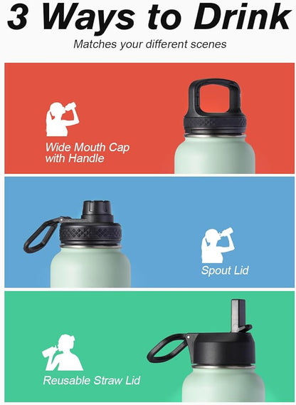 Water Bottle 32 oz Insulated with Straw, Coolflask Stainless Steel Metal 3 Lids Water Flask Wide Mouth for Sports or Office, Non-BPA Keep Cold Up to 48 Hrs or Hot Up to 24 Hrs, Ombre Green