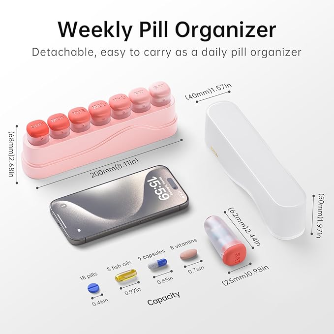Weekly Pill Organizer 1 Time a Day, KOVIUU Removable Pill Box 7 Day, Portable Travel Pill Case, Once Daily Medication Container Holder, Week Pillbox Dispenser for Vitamin Medicine Supplement, Pink