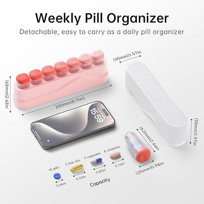 Weekly Pill Organizer 1 Time a Day, KOVIUU Removable Pill Box 7 Day, Portable Travel Pill Case, Once Daily Medication Container Holder, Week Pillbox Dispenser for Vitamin Medicine Supplement, Pink