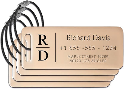 Personalized Luggage Tags for Suitcases 4 Pack - Stainless Steel Custom Luggage Tags for Backpacks & Bags, Sturdy, Waterproof & Heavy Duty (Rose Gold / 3" x 1.25")