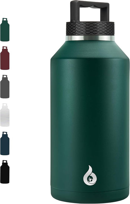 BJPKPK Half Gallon Water Bottle Insulated, Dishwasher Safe 64 oz Water Bottle with Handle, Leakproof BPA Free Thermal Flasks, Large Stainless Steel Jug for Sports, Army Green