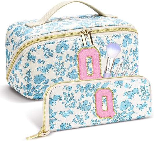 Personalized Travel Makeup Bag Set,Initial Travel Cute Floral Makeup Organizer Bag,Toiletry Skincare Cosmetic Bag,Christmas Gifts for Women/Girls,Open Flat Toiletry Pouch with Brush Pocket-Q
