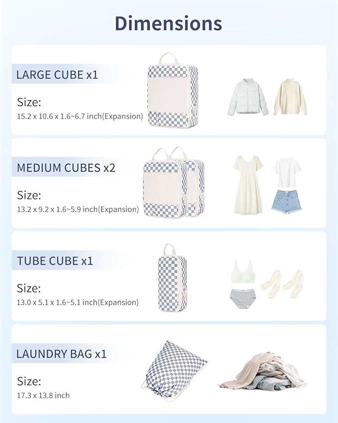 Narwey 5 Set Compression Packing Cubes for Travel, Luggage Packing Organizer Bags for Carry on Suitcase, Expandable Checkered Storage Bags with Laundry & Handle (Grayish Blue Checkerboard)