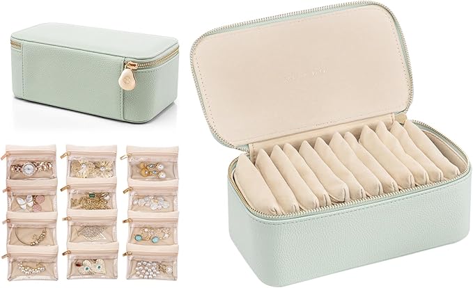 Vlando Travel Jewelry Box Organizer - 12 Small Velvet Zipped Pouches Pockets for Jewelries Necklaces Rings Earrings Sorting Storage, Menthol Mambo