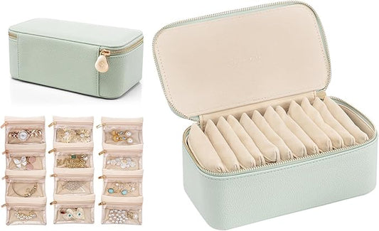 Vlando Travel Jewelry Box Organizer - 12 Small Velvet Zipped Pouches Pockets for Jewelries Necklaces Rings Earrings Sorting Storage, Menthol Mambo