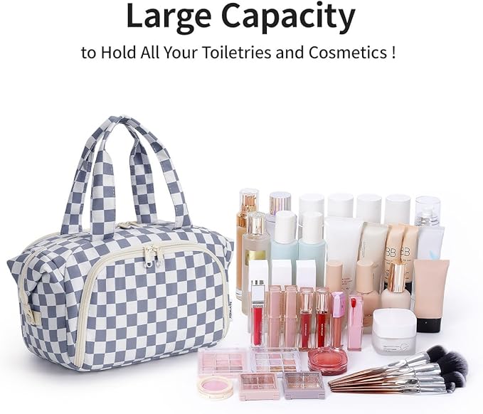 Narwey Travel Toiletry Bag, Wide-open Large Toiletry Bags for Traveling Women, Checkered Travel Bag for Toiletries Cosmetic Makeup Bag Organizer, Skincare Make Up Bag (Greyish Blue Checkerboard)