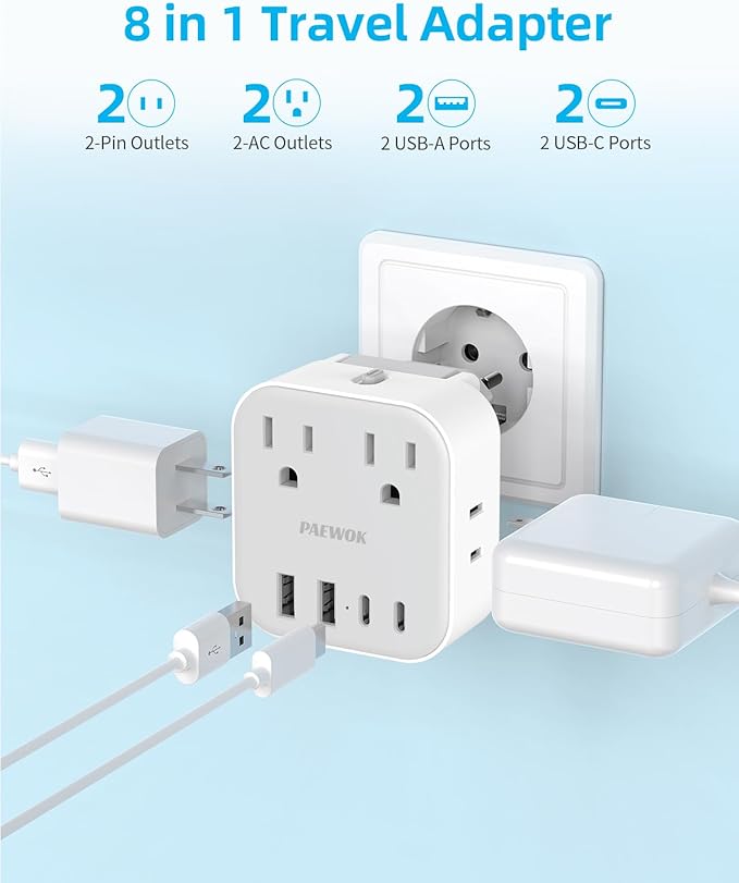 European Travel Plug Adapter Set, 8-in-1 Travel Adapter with 4 AC, 4 USB Ports (2 USB C), US to UK/EU Universal Travel Adapter, International Power Adapter with Type C/G/D/L/A/I Detachable Plugs