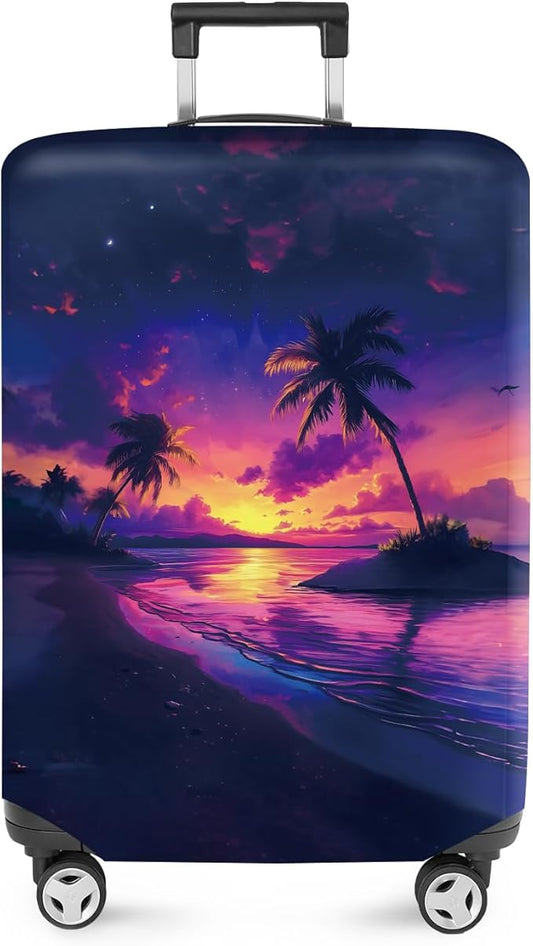 ANNA QUEEN Tropical Sunset Luggage Cover, Vibrant Palm Tree & Sunset Design, Stretchable, Washable Travel Sleeve for 20-34 Inch Suitcases