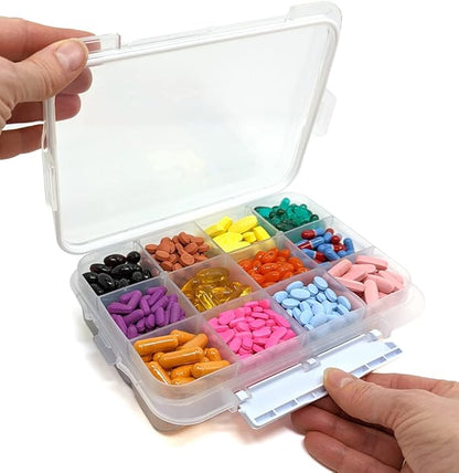 12 Compartment Large Pill Case with Airtight Seal - Silicone Gasket Waterproof Med Box with Medication Map & Medical Alert Card (Clear, 2 Pack)