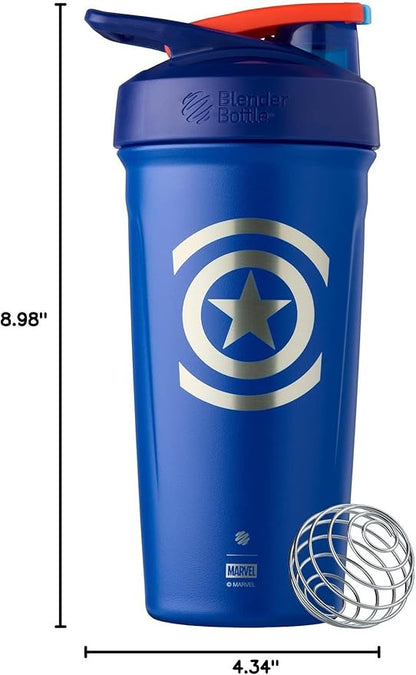 BlenderBottle Marvel Sport Insulated Stainless Steel Shaker Bottle with Wire Whisk, 24-Ounce, Captain America Shield – Protein Shakes & Hydration for Athletes & Fitness Enthusiasts, Easy Mixing, Keeps Drinks Cold, Lockable Lid