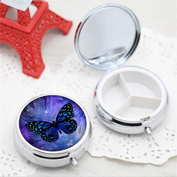Pill Box,Butterfly Purple Galaxy Feather Round Pill Box 3 Compartment Decorative Pocket Purse Portable Mini Travel Medicine Tablet Vitamin Holder Organizer Pill Case