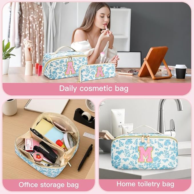Personalized Travel Makeup Bag Set,Initial Travel Cute Floral Makeup Organizer Bag,Toiletry Skincare Cosmetic Bag,Christmas Gifts for Women/Girls,Open Flat Toiletry Pouch with Brush Pocket-G