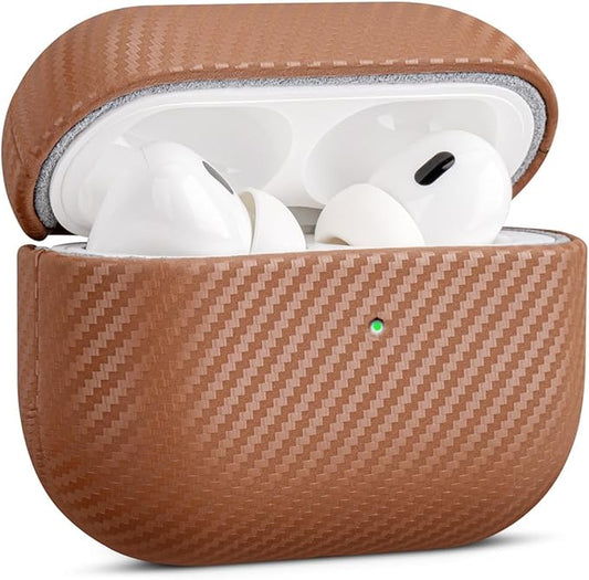 Leather Case - for AirPods Pro 3 Case Cover - Selected Skin-Friendly Leather, with Carbon Fibre Texture, Handmade Drop Protective Hard Cover for AirPods Pro 3rd Generation Earbuds - Brown