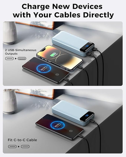 Portable Charger Power Bank 40000mAh Powerbank PD 30W and QC 4.0 Fast Charging External Battery Pack with USB-C LED 3 Outputs & 2 Inputs Portable Charging for iPhone 15 14 13 (Blue)