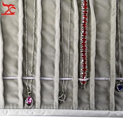 Portable Jewelry Roll Untangled Secure Necklace Travel Storage Bag Displays Holder 16 Chain (Black PU and gray velvet)