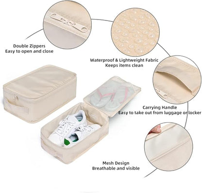 Travel Shoe Bags, Foldable Waterproof Shoe Pouches Organizer-Double Layer (4 Cream Shoe Bag)