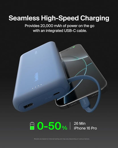 Belkin Portable Charger, Power Bank with Integrated Cable 20000 mAh 30W - Fast Charging USB C Power Delivery - iPhone 17, Air, Pro, Pro Max, iPad, AirPods, Apple Watch, Galaxy S25, & More - Blue