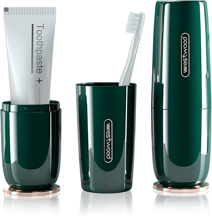 Luxury Green Toothbrush Travel Case, Portable Travel Toothbrush & Toothpaste Holder Cover Organizer Container with Mouthwash Cup for School, Camping, Business Trip, Bathroom Storage