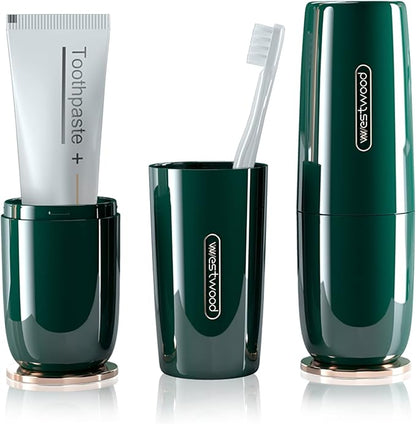 Luxury Green Toothbrush Travel Case, Portable Travel Toothbrush & Toothpaste Holder Cover Organizer Container with Mouthwash Cup for School, Camping, Business Trip, Bathroom Storage