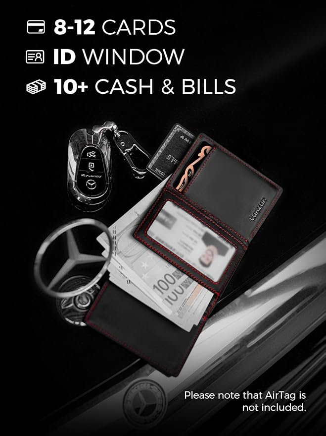 LORZOR Wallet for Men with Metal Card Holder, Pop Up Wallet, Finest Full Grain Leather Trifold Wallet, Smart, Minimalist, RFID Blocking, Front Pocket, ID Window, Black/Red