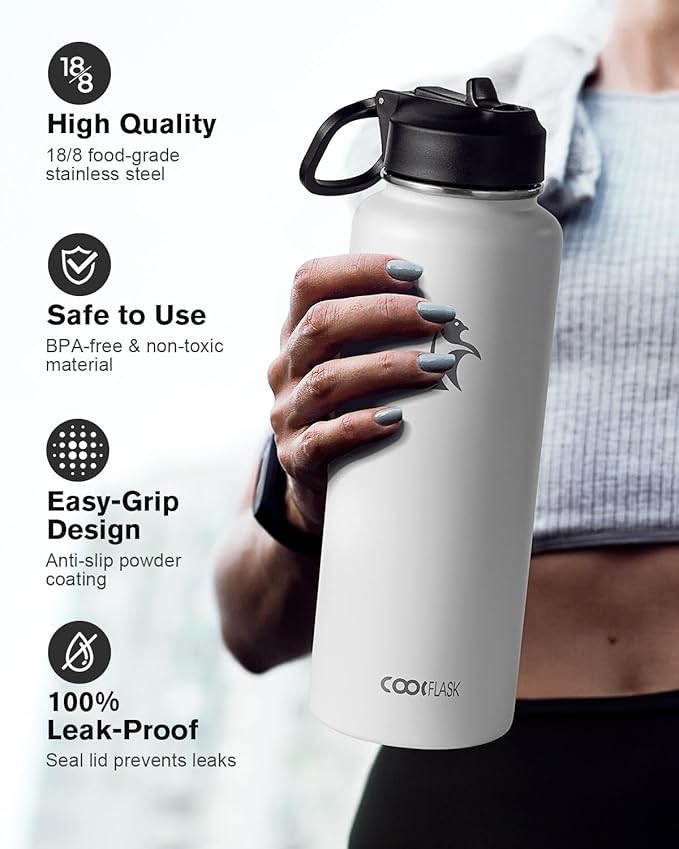 Coolflask Water Bottle 40 oz Insulated with Straw, Stainless Steel Metal 3 Lids Water Flask for Sports or Office, Keep Cold 48H Hot 24H, White