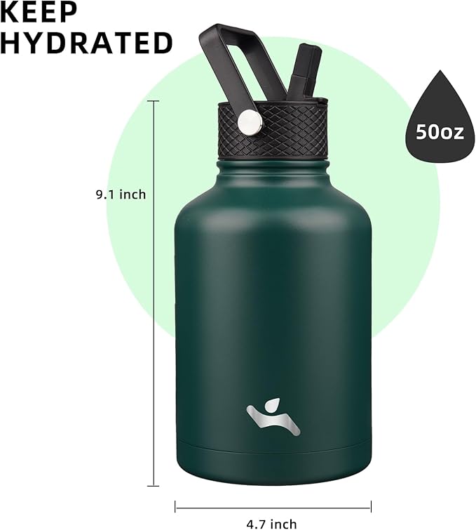 Insulated Water Bottle with Straw,50 oz 3 Lids Water Jug with Carrying Bag,Paracord Handle,Double Wall Vacuum Stainless Steel Metal Flask,Dark Green